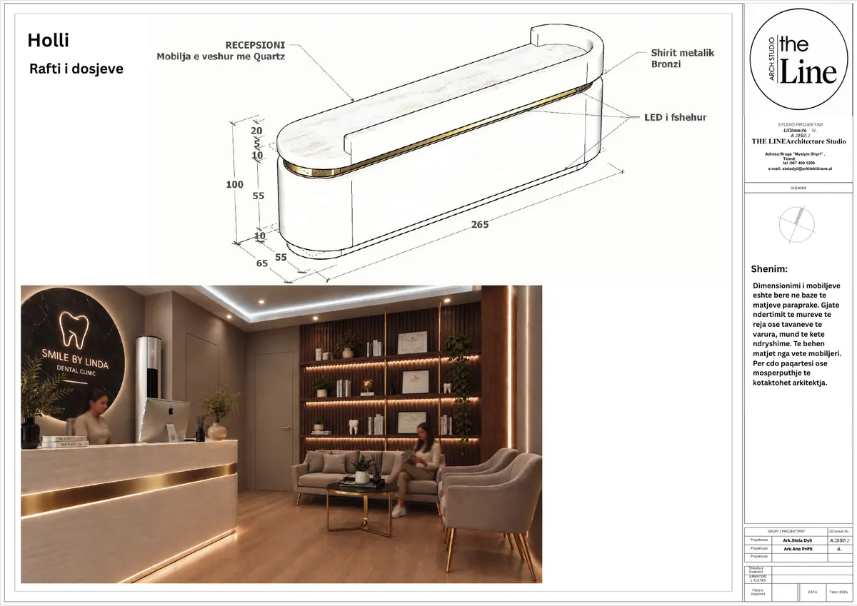 Custom furniture sheet: dimensioned reception desk with render