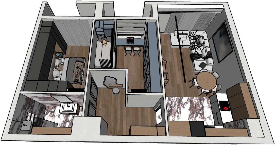 Skemë 3D e një apartamenti 2+1 në Tiranë, me mobilimin e plotë