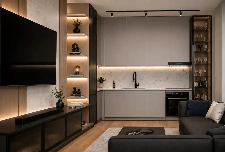 Render i ndenjes me mur TV me dru