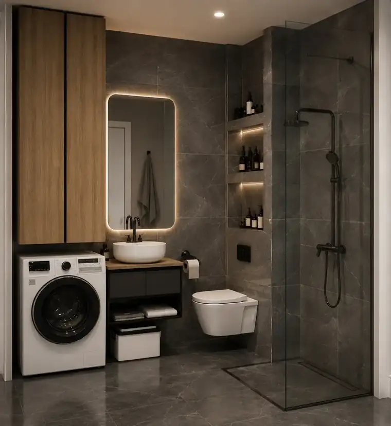 Bathroom in grey marble with backlit mirror