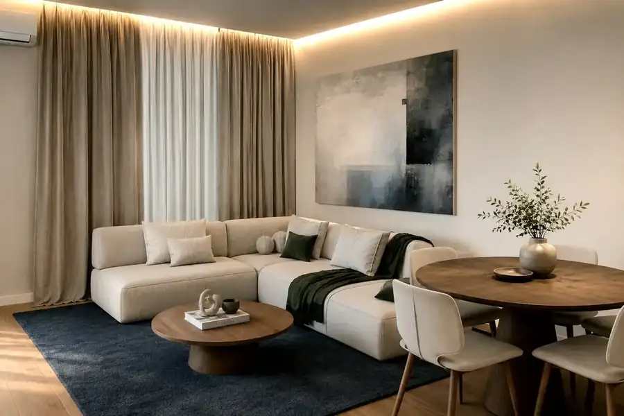 Living and dining area with a wooden table
