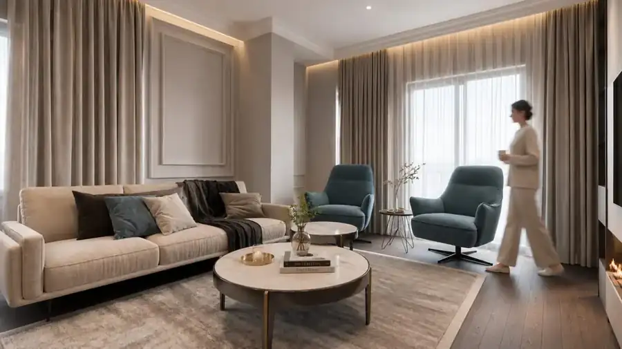 Zona giorno con divano beige e poltrone blu — progettazione d'interni, Tirana