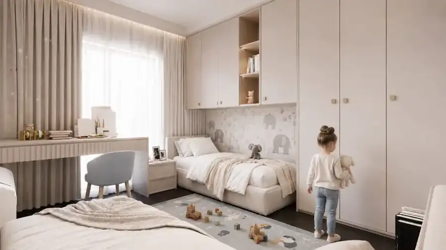 Dhomë fëmijësh me dy krevate dhe tavolinë pune